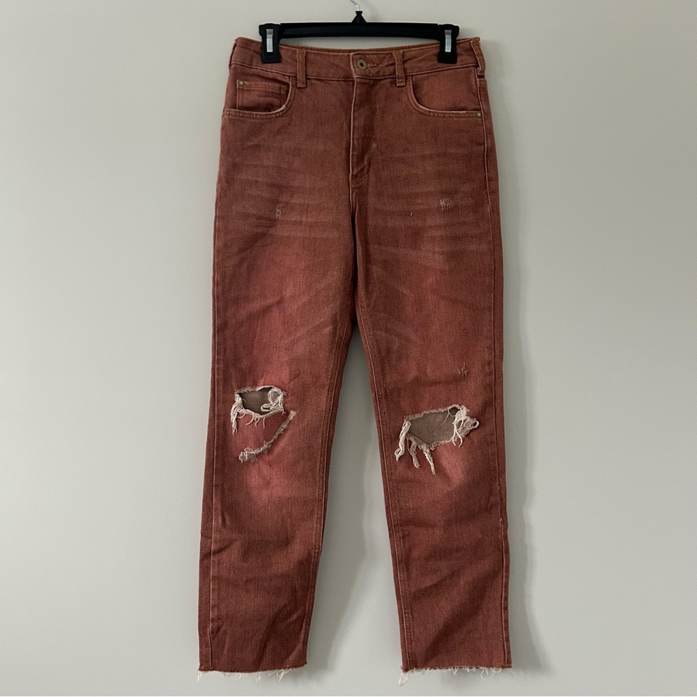 Anthropologie Pilcro The Vintage Straight Leg Jeans Raw Hem Brown Red 27
